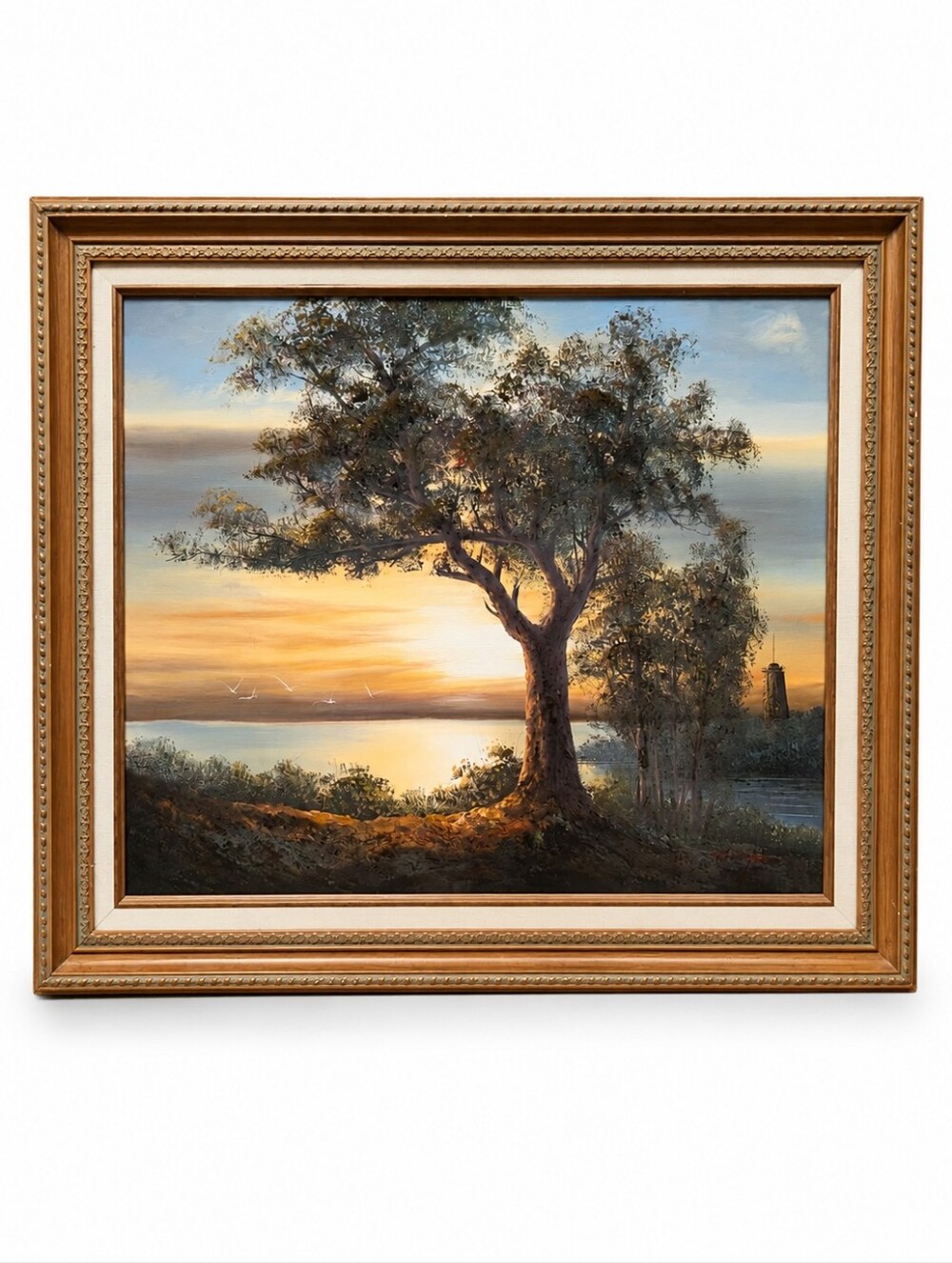 Vintage 70s 80s Signed Thompson Framed Oil Painting Lighthouse Landscape Canvas